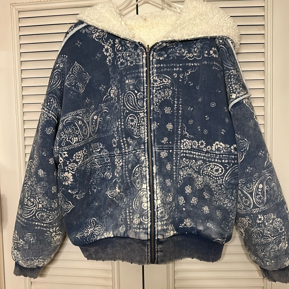 Free People Blue Bandana Print Sherpa-Lined Bomber Jacket
